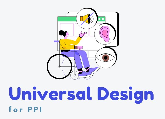 Colourful graphic for accessibility. It features of a person in a wheelchair, icons for hearing and visual disability. Grey background